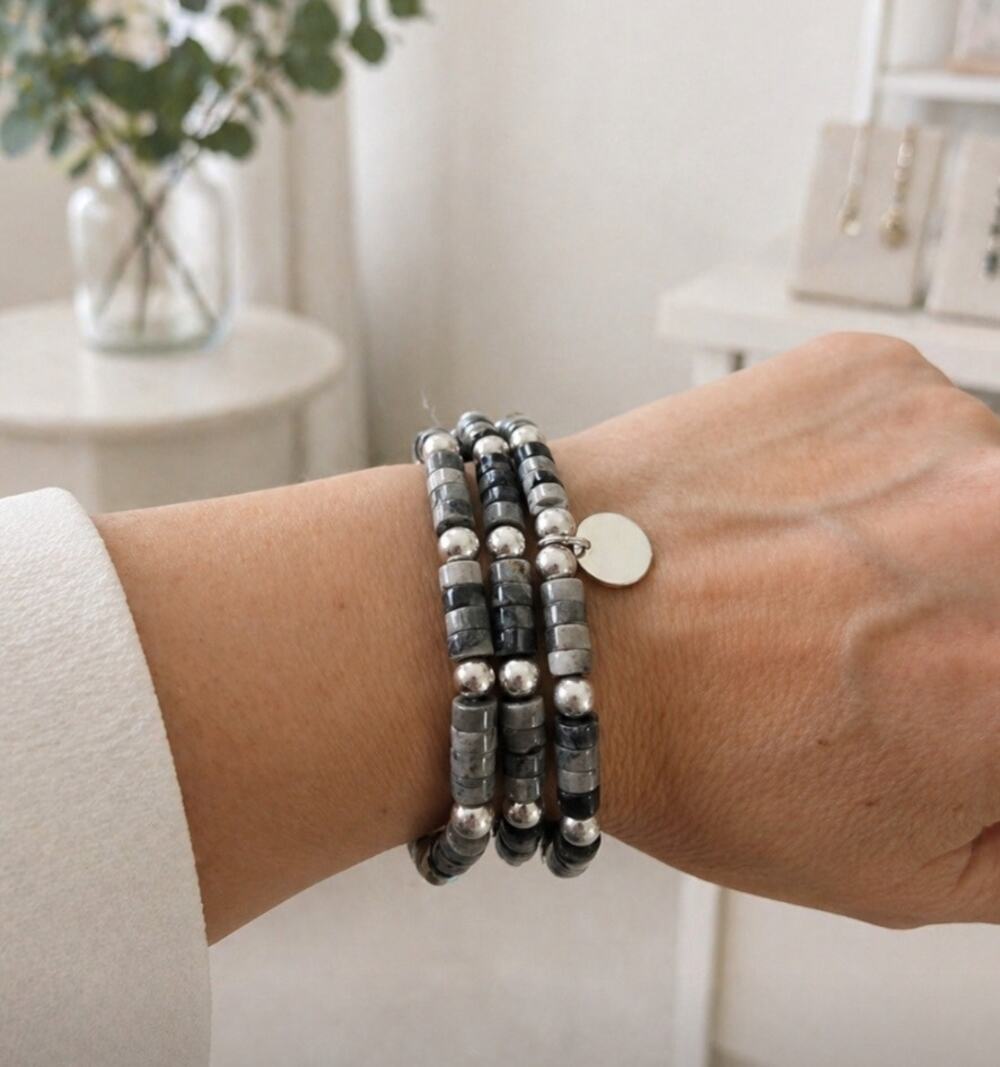 Pomina Gray Silver Beaded Stretch Bracelet New